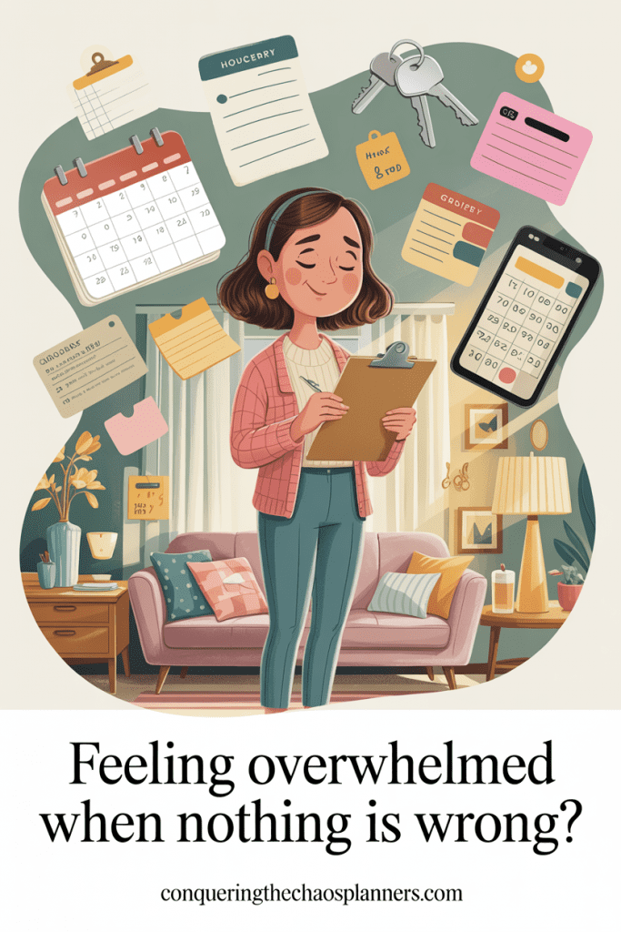 Whimsical retro illustration of a calm woman in a cozy home surrounded by everyday reminders, representing feeling overwhelmed even when nothing is wrong.
