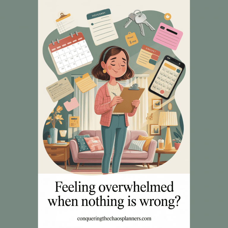 Illustrated woman managing quiet responsibilities in a warm, lived-in space, capturing the feeling overwhelmed and of mental overload without chaos.