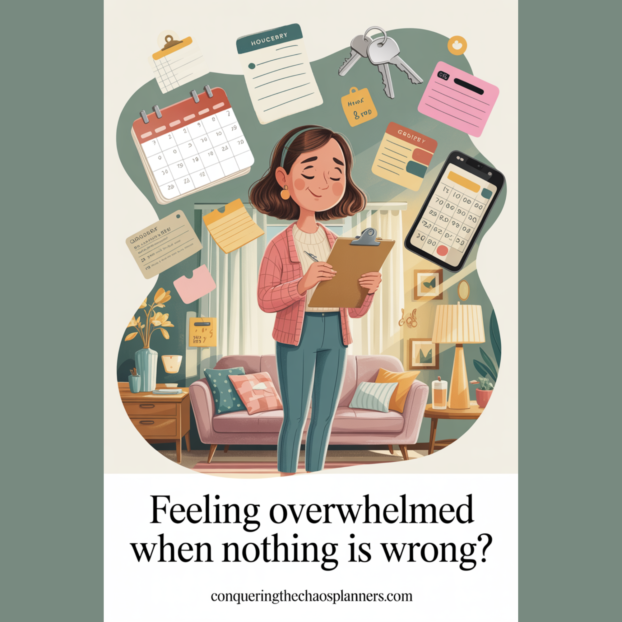 Illustrated woman managing quiet responsibilities in a warm, lived-in space, capturing the feeling overwhelmed and of mental overload without chaos.