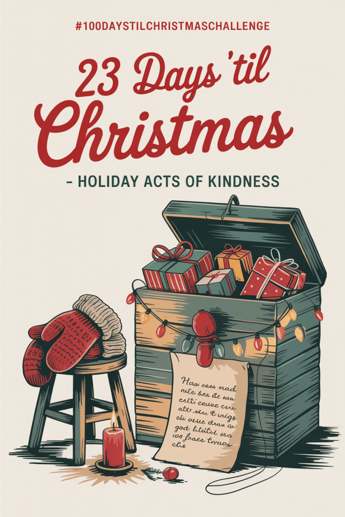 Vintage-style holiday illustration featuring symbolic items for simple holiday acts of kindness, including a toy donation box, warm gloves, and a handwritten note.