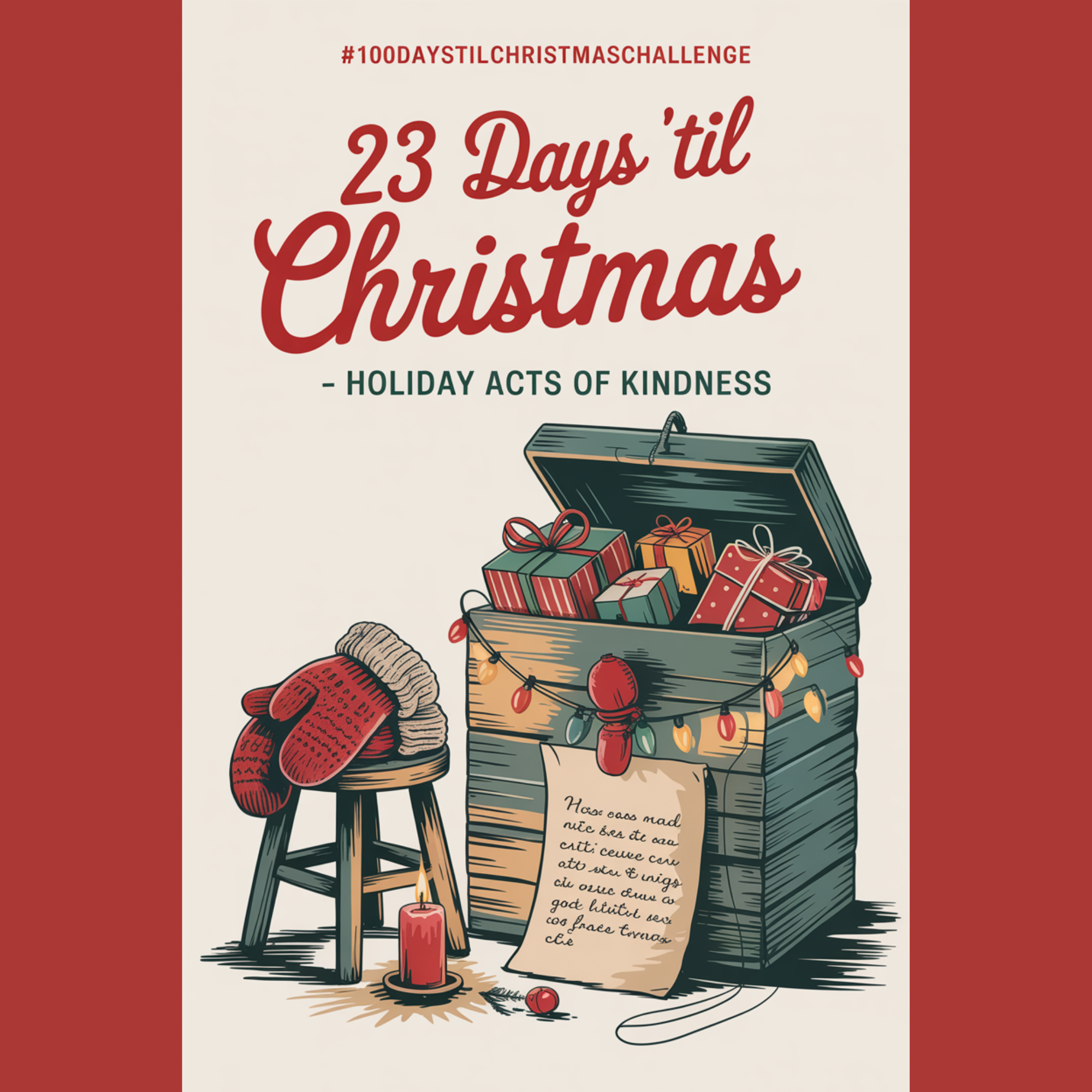 Cozy 1950s-inspired Christmas image with festive touches and icons representing easy holiday kindness ideas, designed for a 23 Days ’Til Christmas blog post.