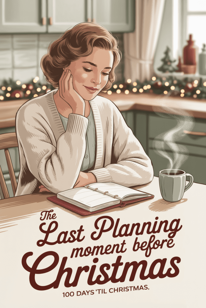 Last minute Christmas planning with a closed planner and cozy holiday atmosphere