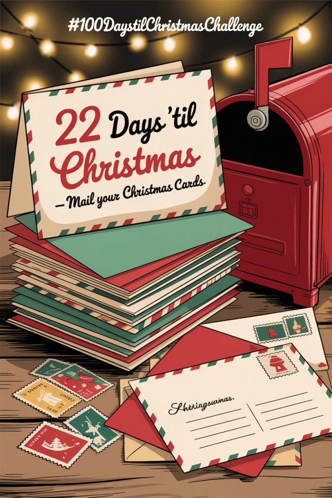 Vintage-style Christmas scene featuring festive envelopes, stamps, and a stack of holiday cards on a wooden desk with soft twinkle lights.