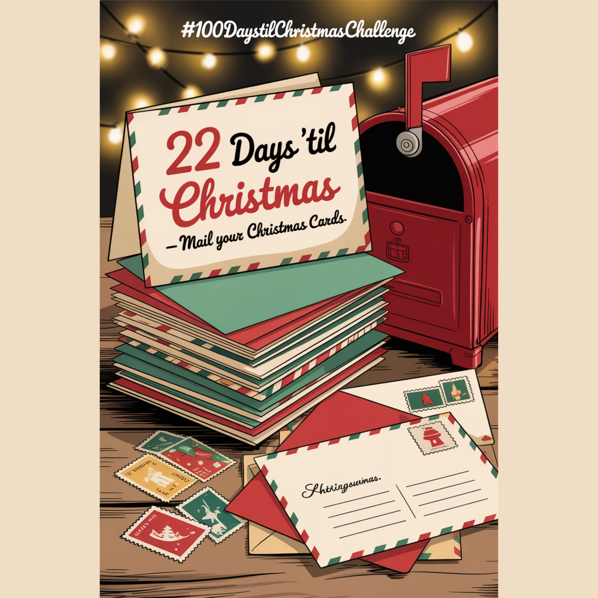 1950s-inspired holiday illustration showing a cozy card-mailing setup with Christmas cards, a red mailbox accent, and nostalgic seasonal decor.