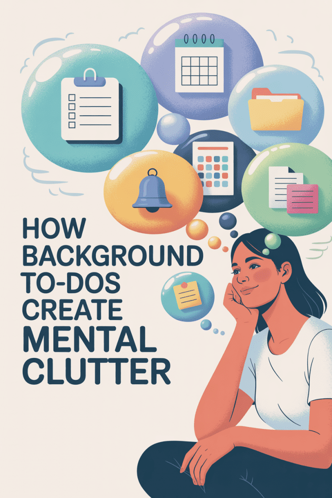Colorful illustration of a woman surrounded by floating thought bubbles with icons for checklists, emails, and calendars representing background to-dos and mental clutter.