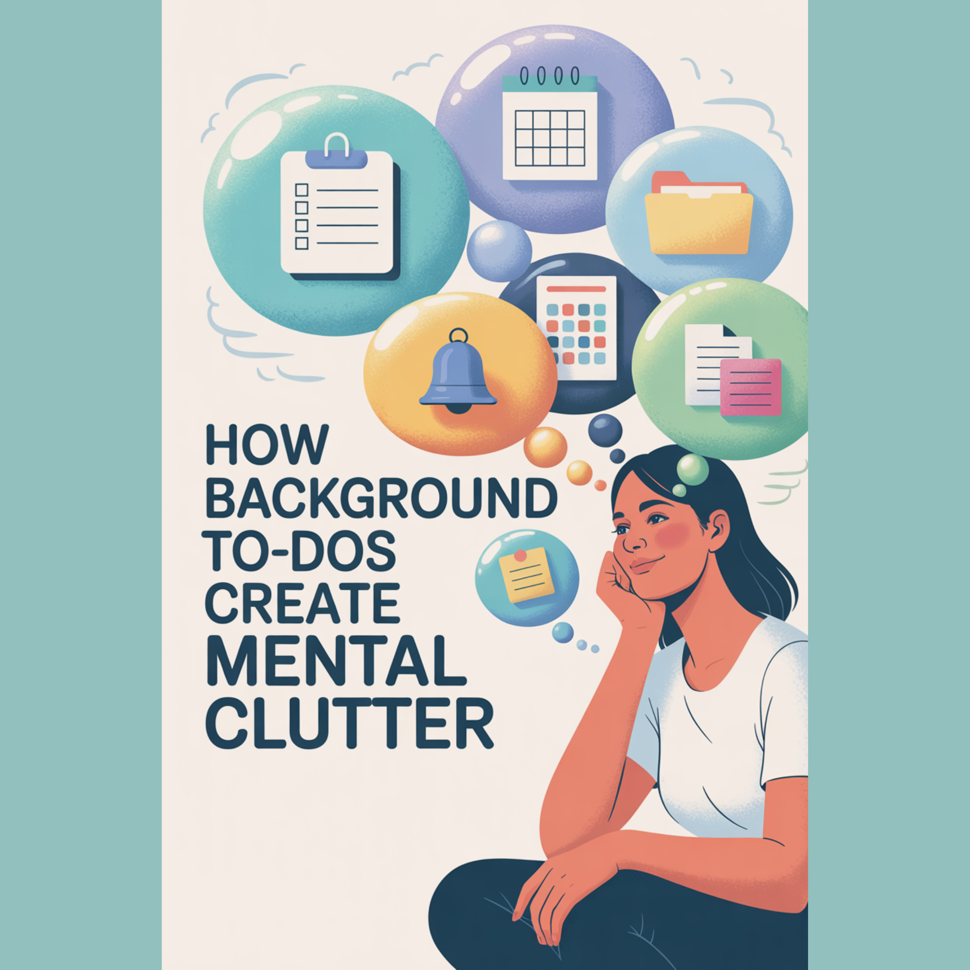 Playful illustration showing background to-dos as colorful thought bubbles around a calm woman, symbolizing mental clutter in a light, manageable way.