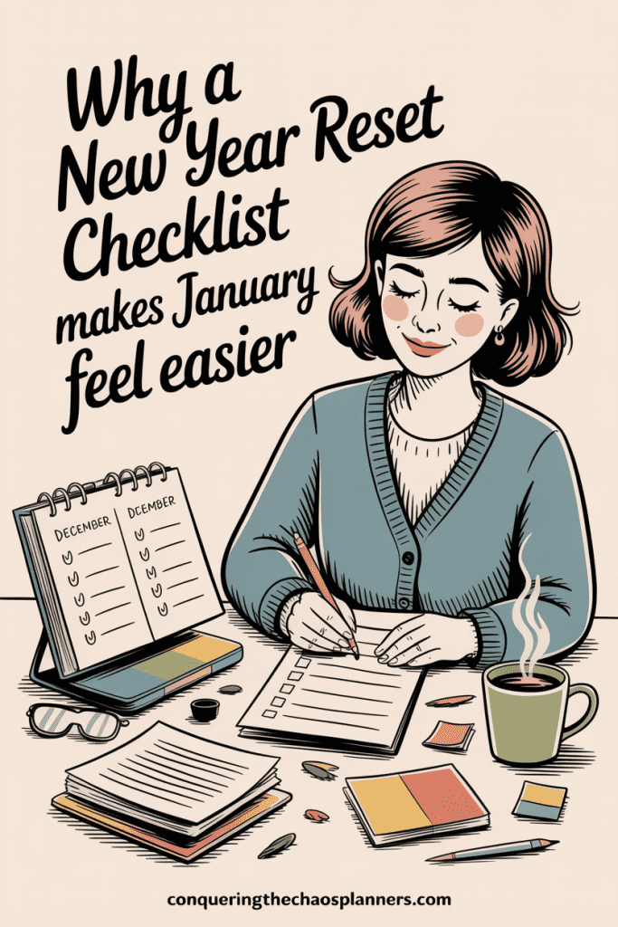 Woman checking off a new year reset checklist at a cozy desk, clearing mental clutter before January begins.