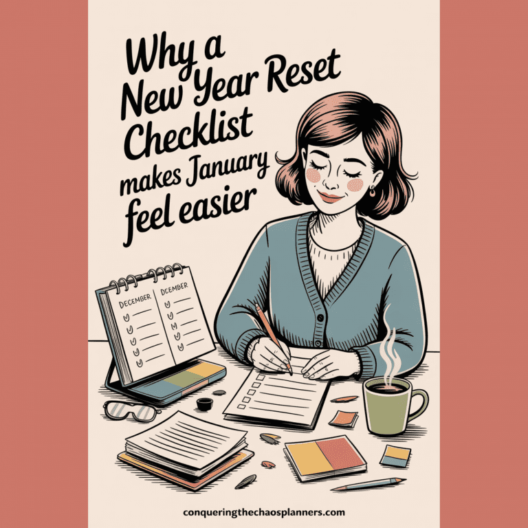 Illustration of a woman finishing a new year reset checklist at the end of December to make January feel lighter and less overwhelming.
