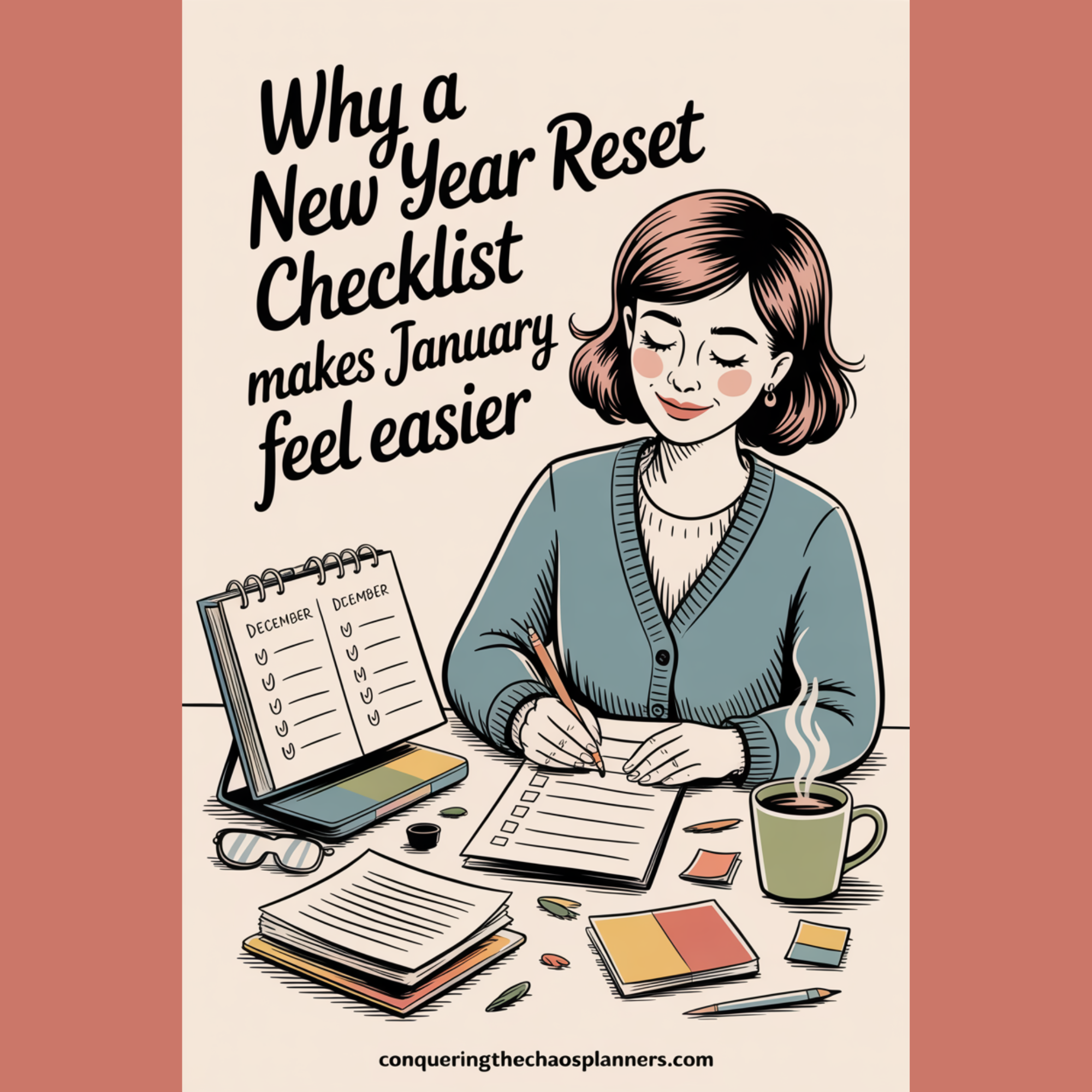 Illustration of a woman finishing a new year reset checklist at the end of December to make January feel lighter and less overwhelming.
