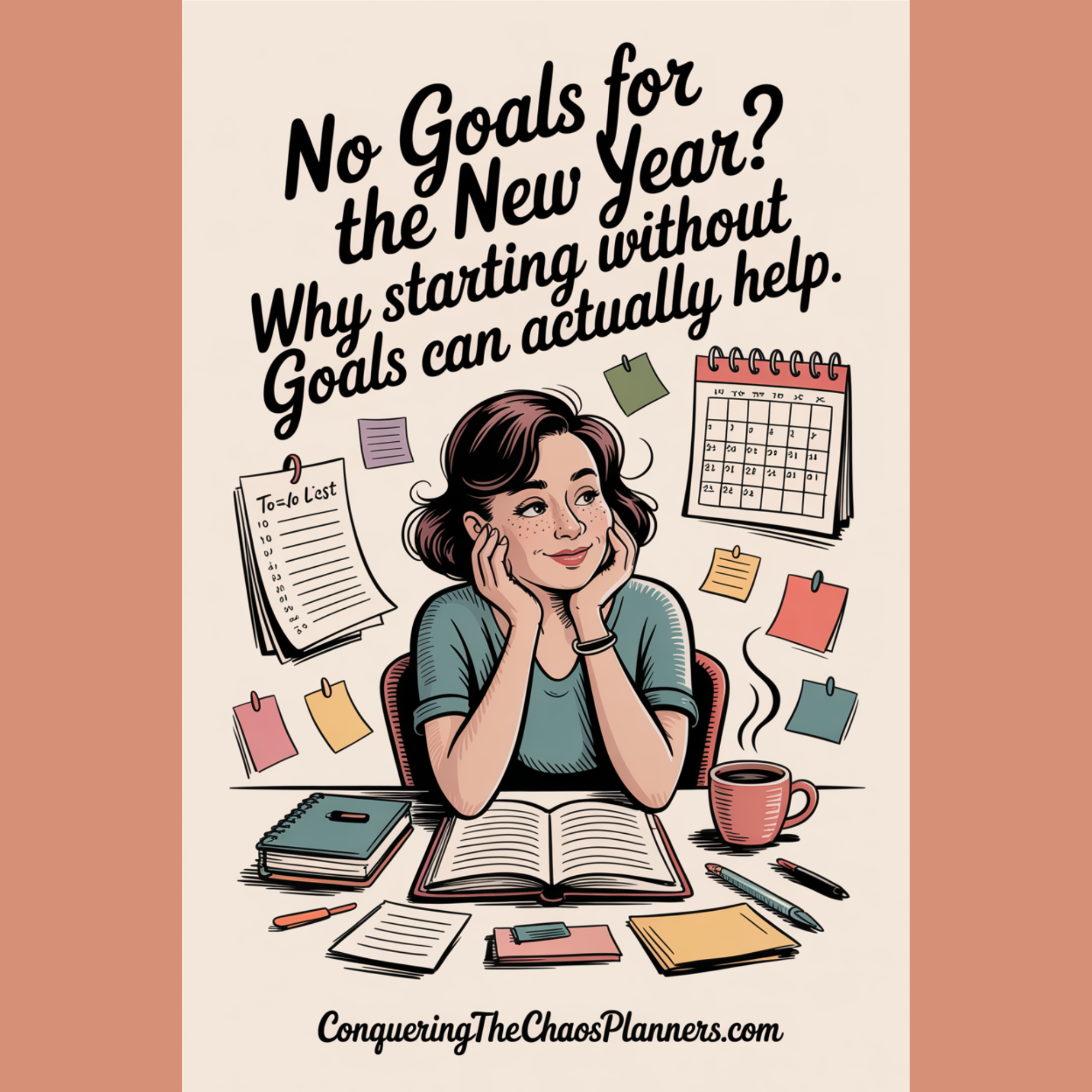 Mid-century style illustrated desk scene with gentle clutter, handwritten lists, and a calm woman seated with coffee, symbolizing clarity and easing overwhelm at the start of the year.