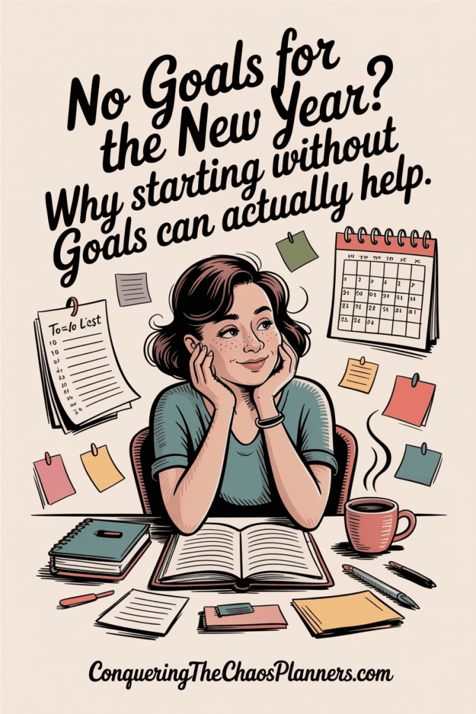 Whimsical retro illustration of a woman at a cozy desk with a planner, calendar, and coffee, representing choosing no goals for new year to reduce decision fatigue.