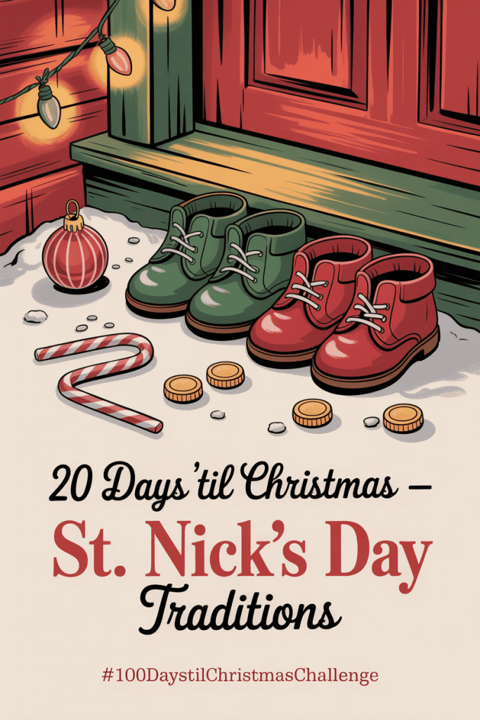 Vintage-style holiday illustration of shoes by the door with small St. Nick tradition treats tucked beside them, glowing Christmas lights in the background.