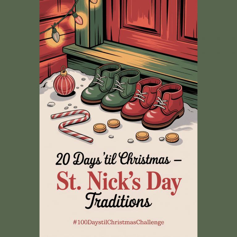Cozy 1950s-inspired Christmas image featuring festive shoes and tiny gifts for St Nick’s Day tradition, set against warm holiday lighting and nostalgic textures.