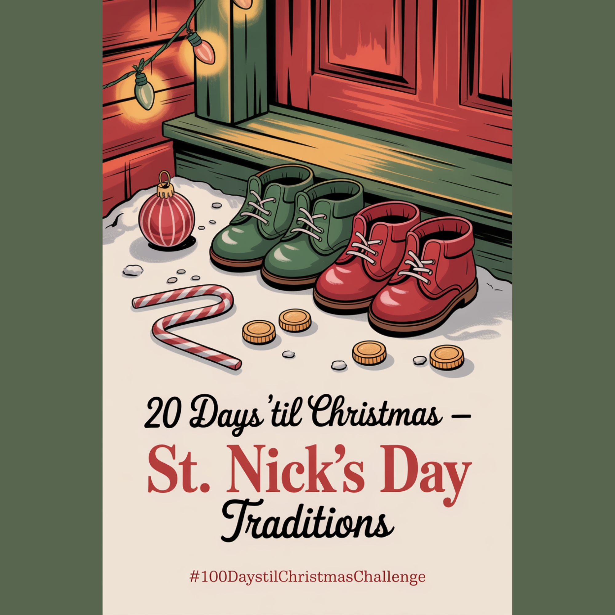 Cozy 1950s-inspired Christmas image featuring festive shoes and tiny gifts for St Nick’s Day tradition, set against warm holiday lighting and nostalgic textures.