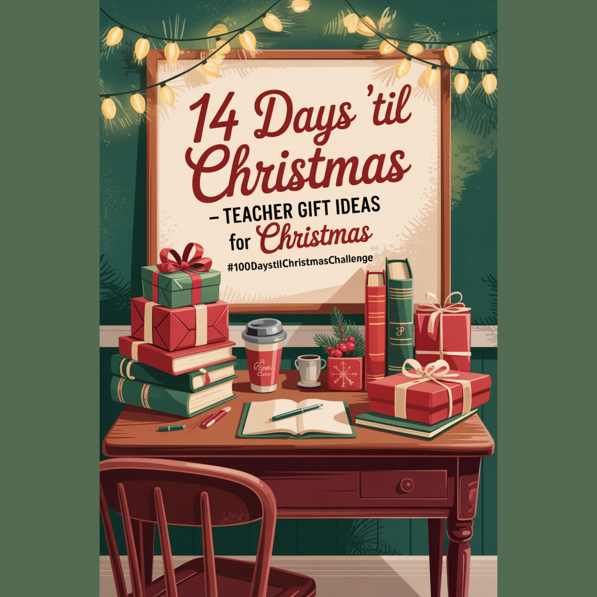 Retro Christmas classroom scene featuring holiday gifts, a coffee tumbler, and school supplies on a wooden desk, styled for a post sharing teacher gift ideas for Christmas.