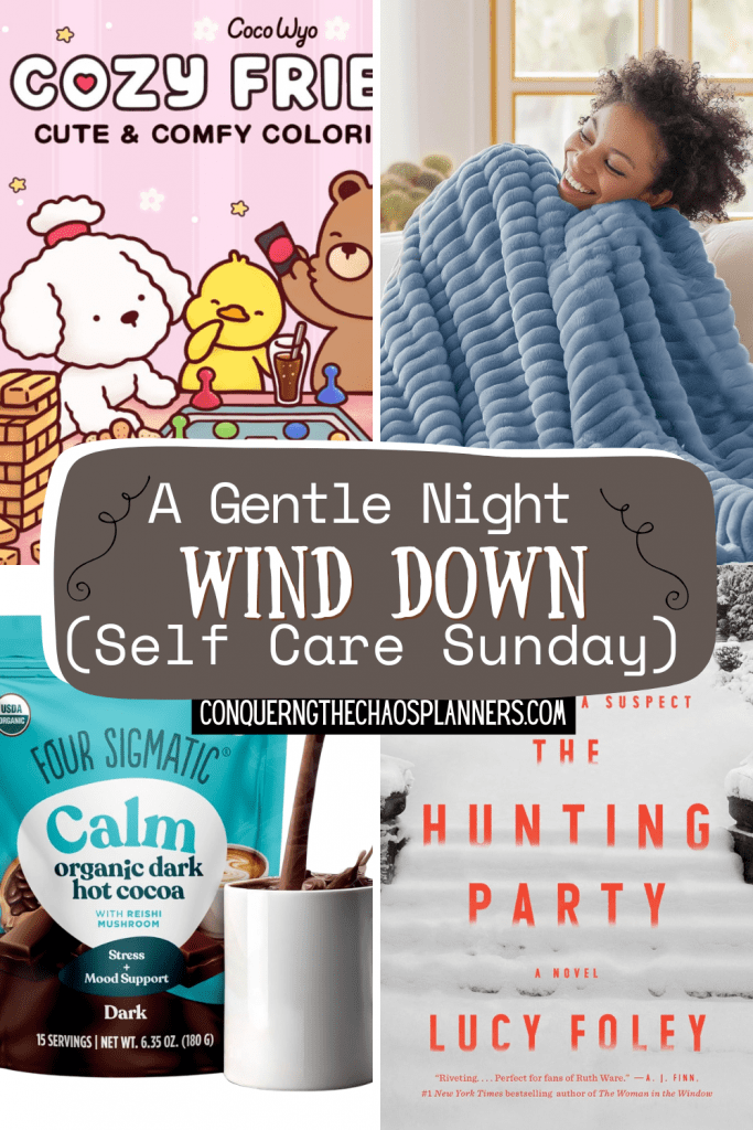 Collage image showing a cozy night wind down with an adult coloring book, soft blue throw blanket, calming hot cocoa, and a nighttime book.