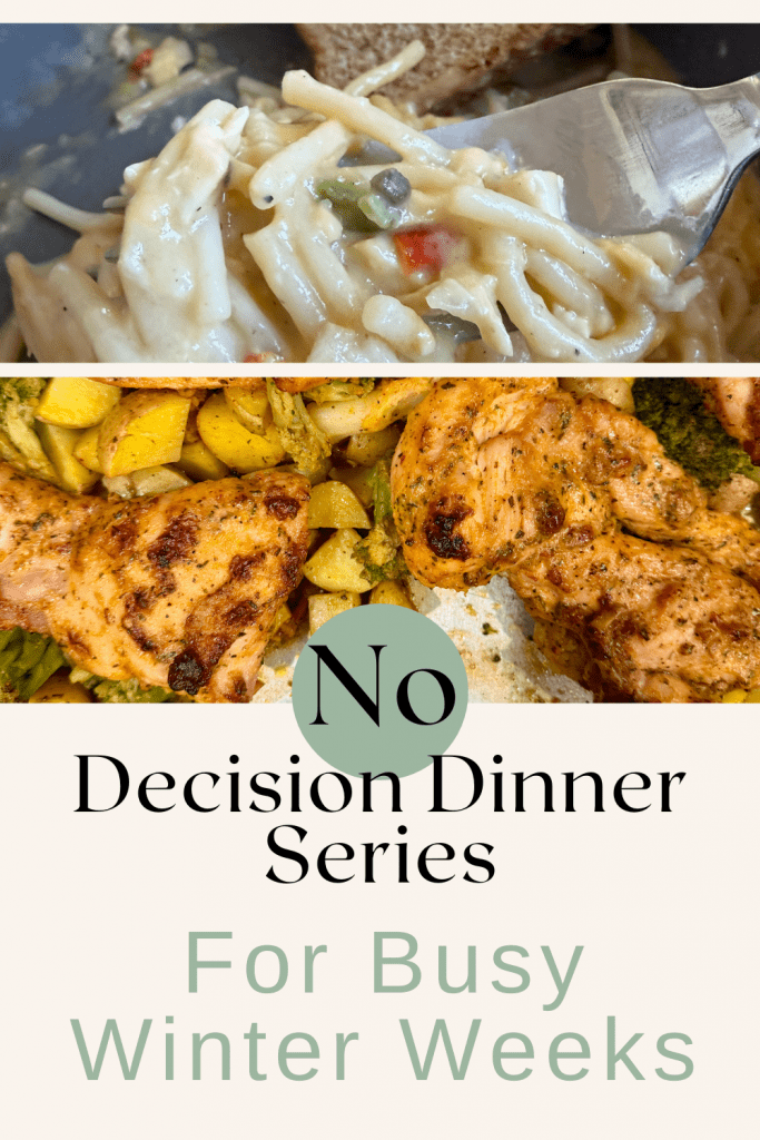 No decision dinner series for busy winter nights. A weekly meal plan that is perfect for busy days. A picture of chicken spaghetti and garlic parmesan sheet pan chicken