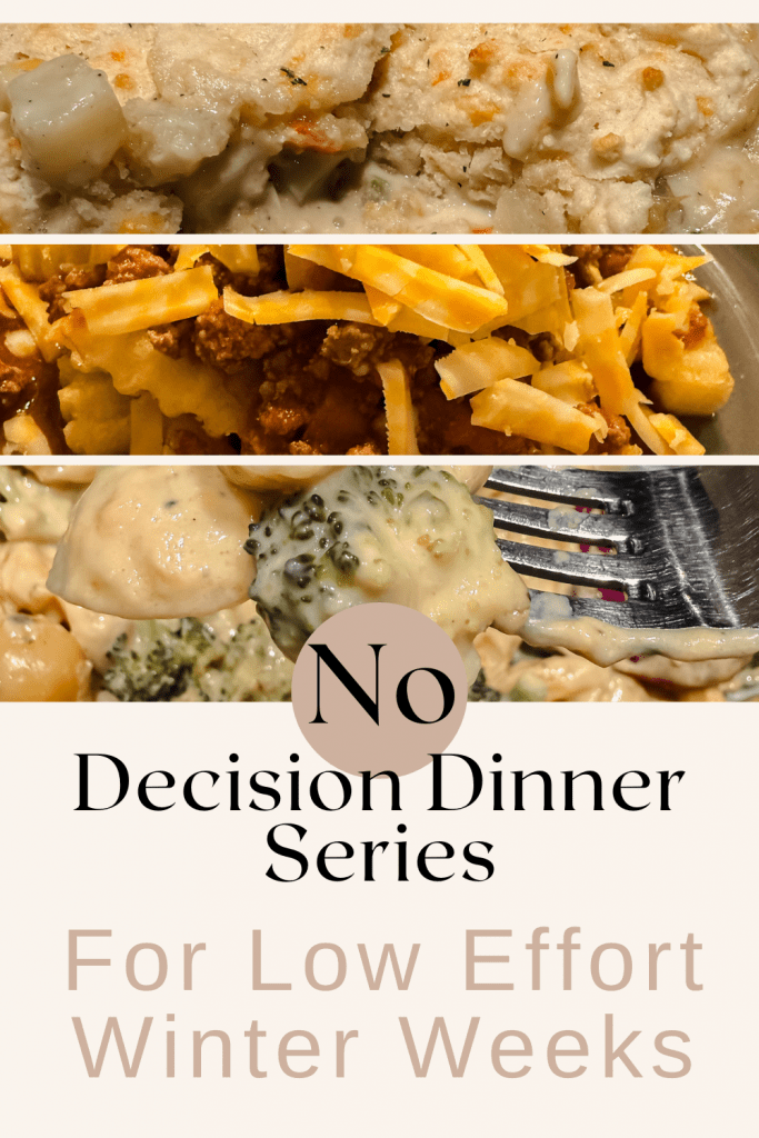 No Decision Dinner Series graphic featuring cozy winter comfort foods for low-effort weeknight meals