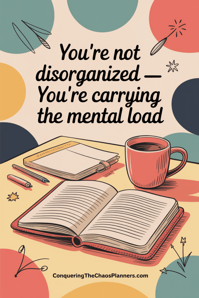 Vintage-style illustrated desk scene with planner, coffee mug, and hand-drawn doodles featuring the text “You’re Not Disorganized — You’re Carrying the Mental Load.”