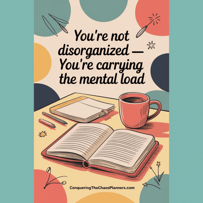 Bright vintage-inspired illustration of a calm desk setup with notebook and coffee, representing mental load and overwhelm despite being organized.