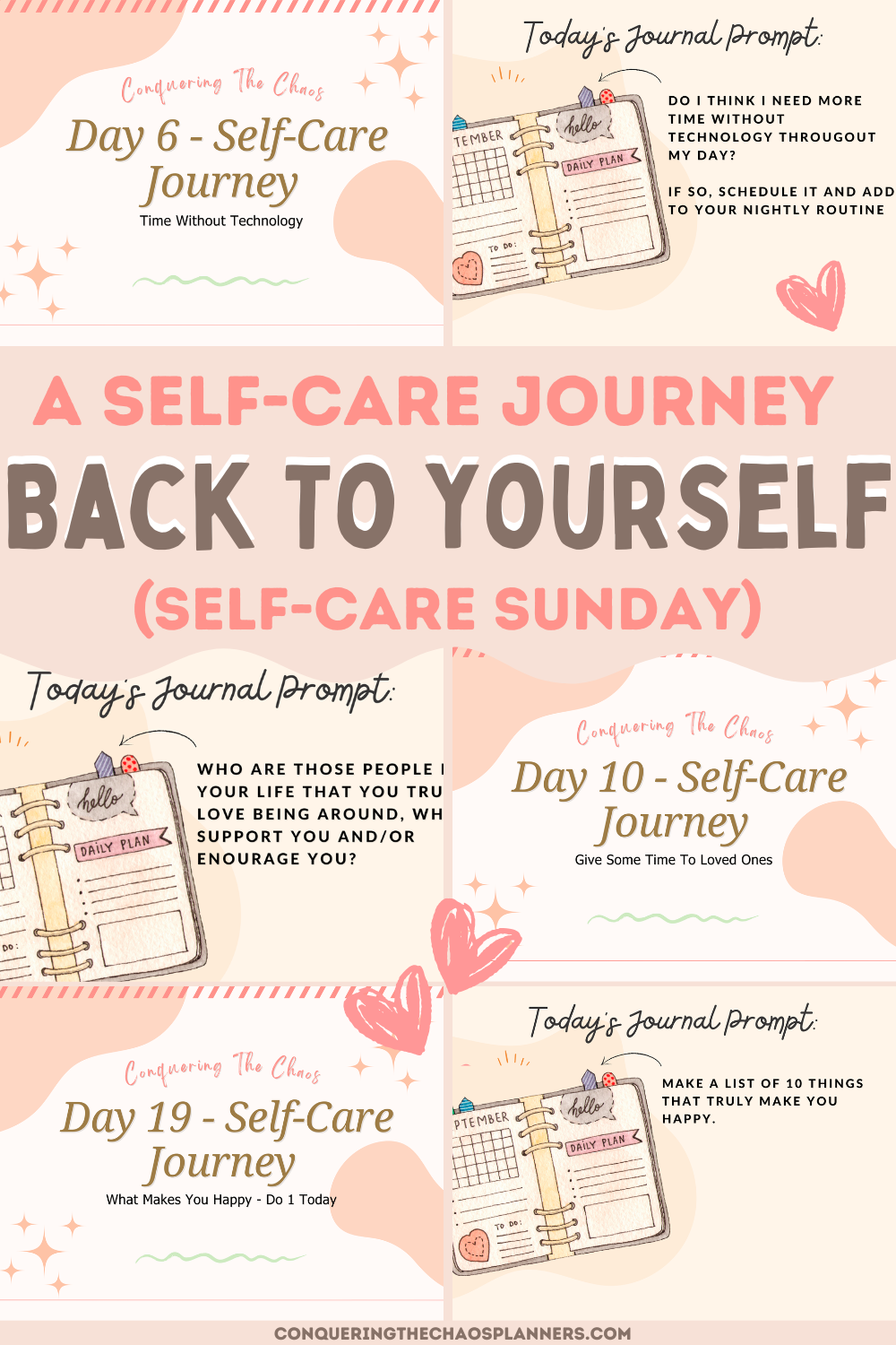 Collage-style blog image representing a self care journey with daily journal prompts, intentional pauses, and thoughtful self-care ideas.