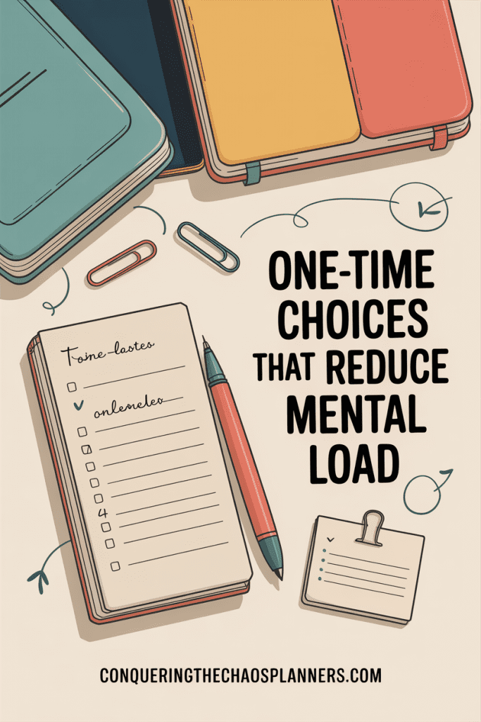 Vintage-style illustration of a calm planning surface with a short list, pen, and subtle doodles, representing simple one-time choices that reduce mental load.