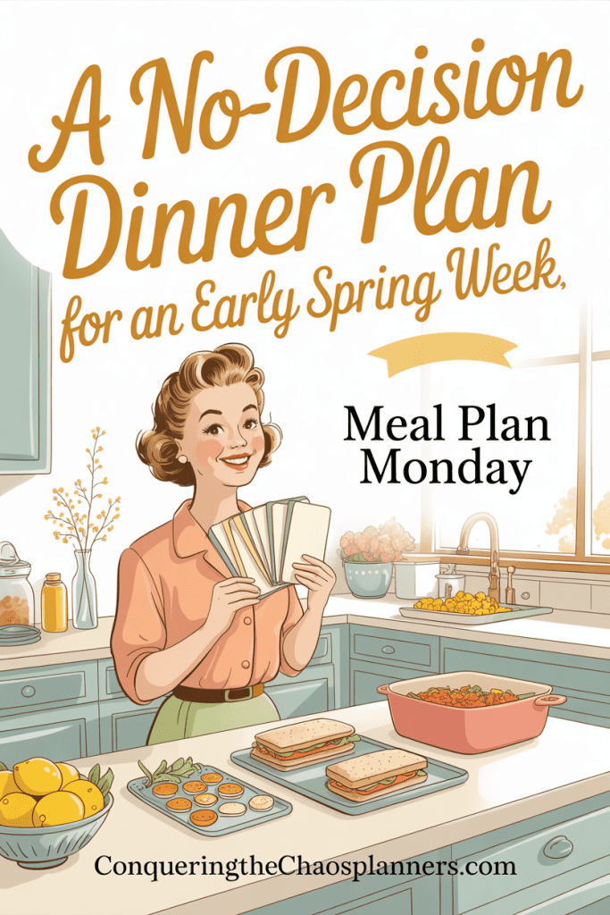 Illustrated blog graphic titled “A No-Decision Dinner Plan for an Early Spring Week” showing a woman reviewing a weekly meal plan in a cozy spring kitchen, part of the Meal Plan Monday series on ConqueringTheChaosPlanners.com.