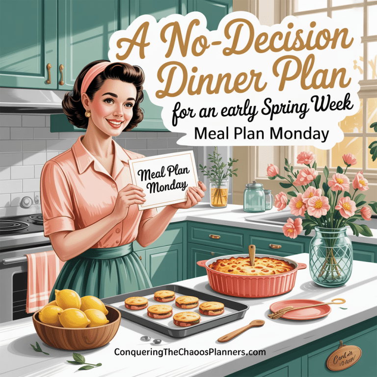 Vintage-style illustrated meal planning scene with a woman organizing a weekly dinner menu in a bright spring kitchen, featuring the title “A No-Decision Dinner Plan for an Early Spring Week” and the website ConqueringTheChaosPlanners.com.