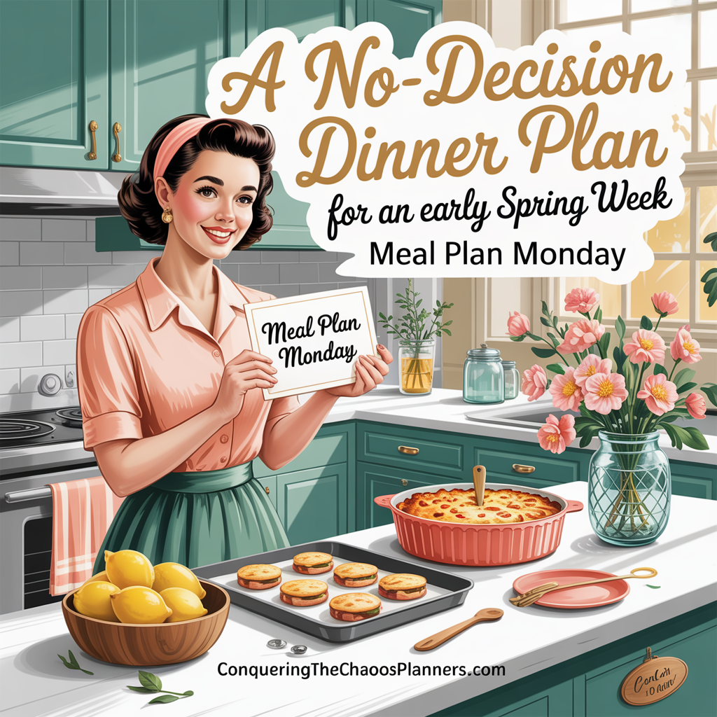 Vintage-style illustrated meal planning scene with a woman organizing a weekly dinner menu in a bright spring kitchen, featuring the title “A No-Decision Dinner Plan for an Early Spring Week” and the website ConqueringTheChaosPlanners.com.