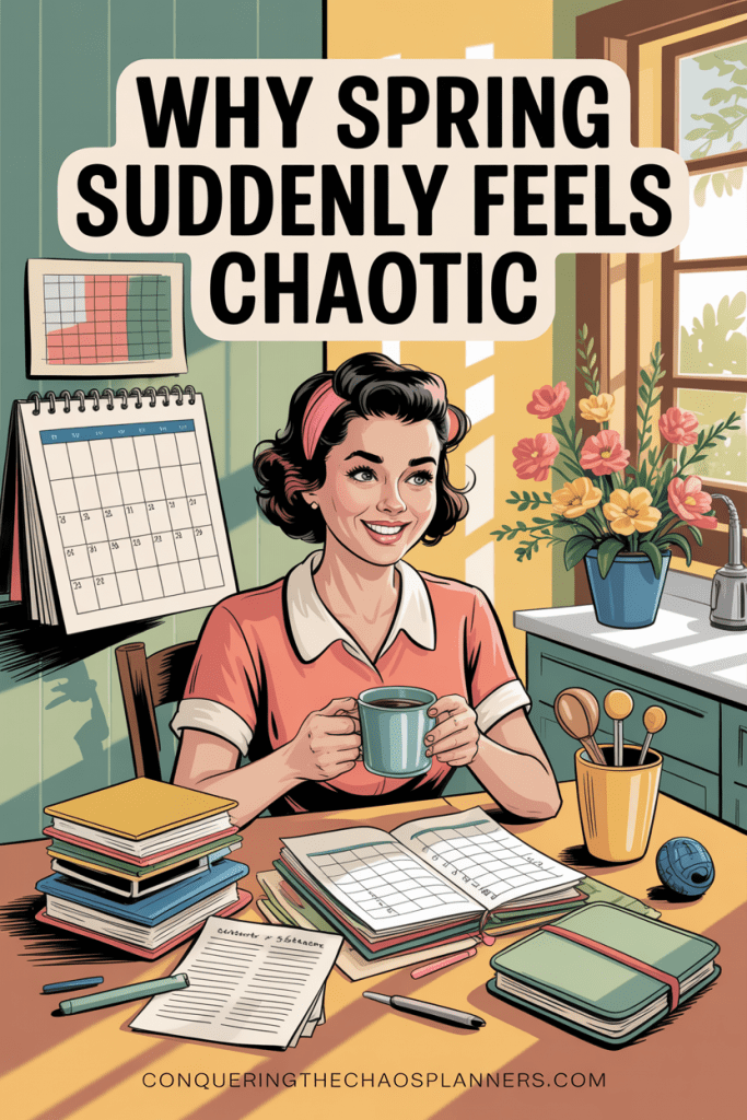 vintage illustration showing busy spring calendar and planning scene representing spring planning chaos