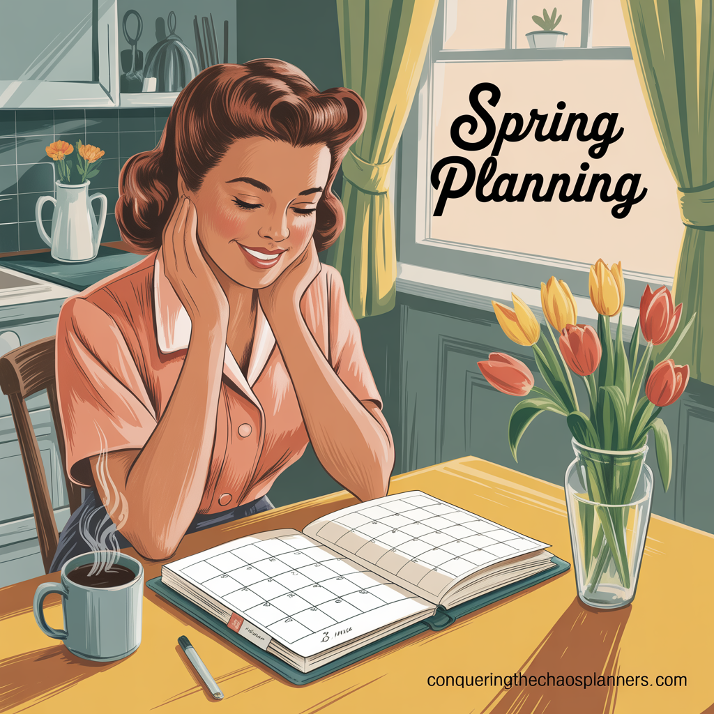 vintage illustration of woman planning spring season with calendar and planner