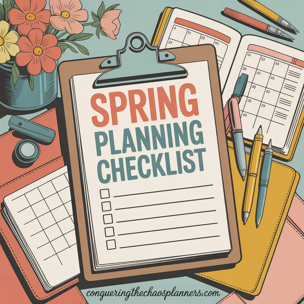 vintage illustration showing spring planning checklist and organized planner tools