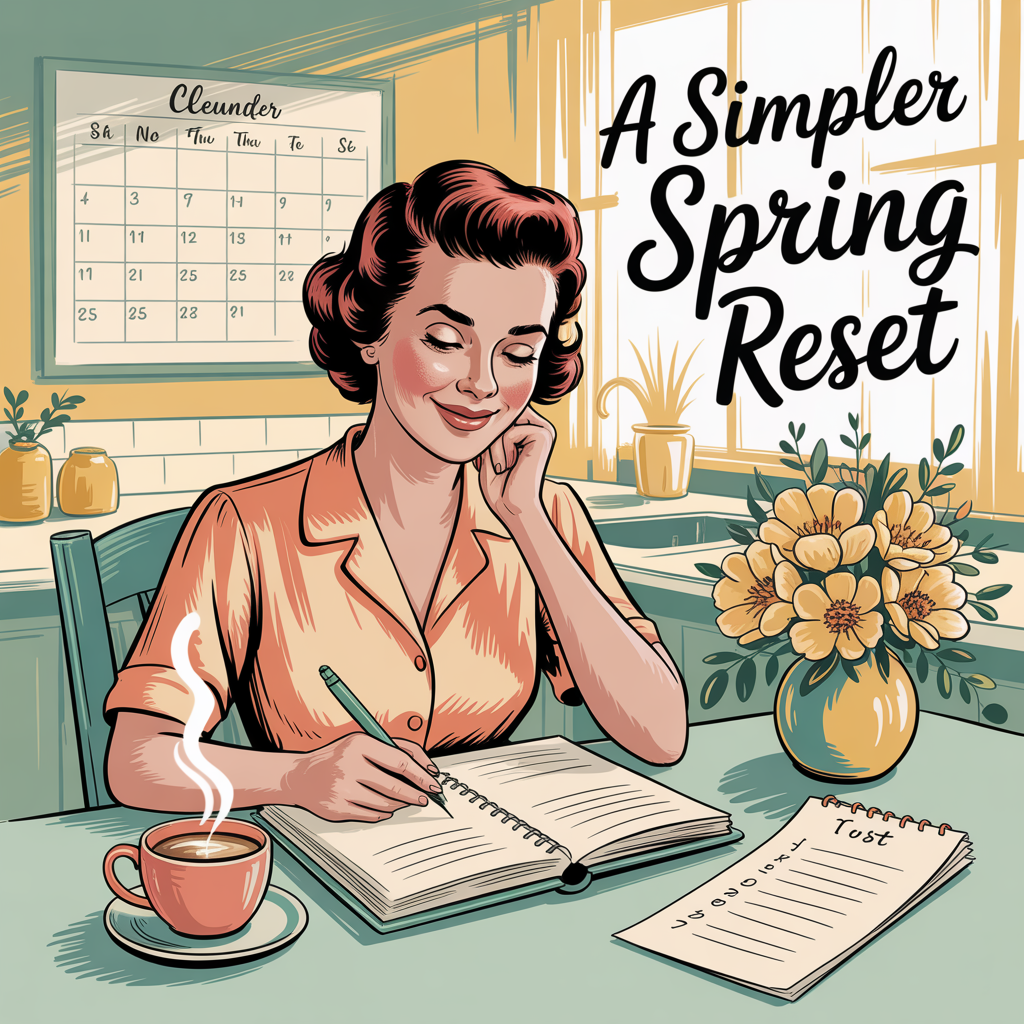 woman calmly planning a simple spring reset using a planner and coffee