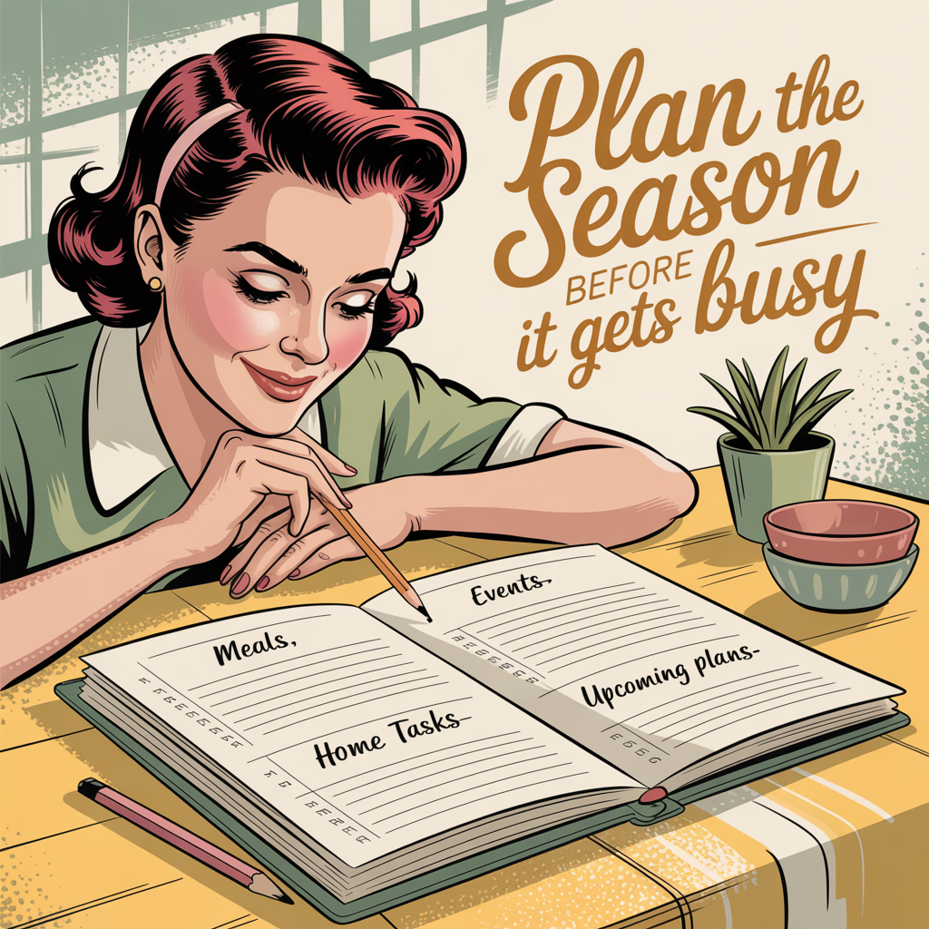 seasonal planning spread showing meals events and home tasks for spring