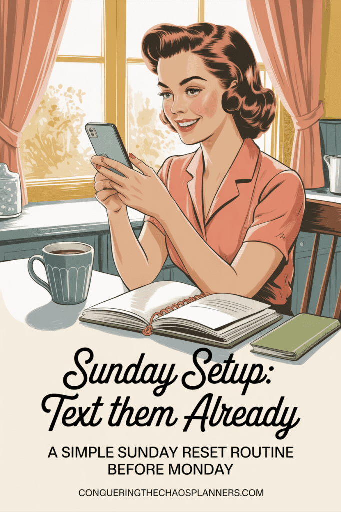 Sunday reset routine illustration showing a woman planning her week with coffee and a planner on Sunday morning
