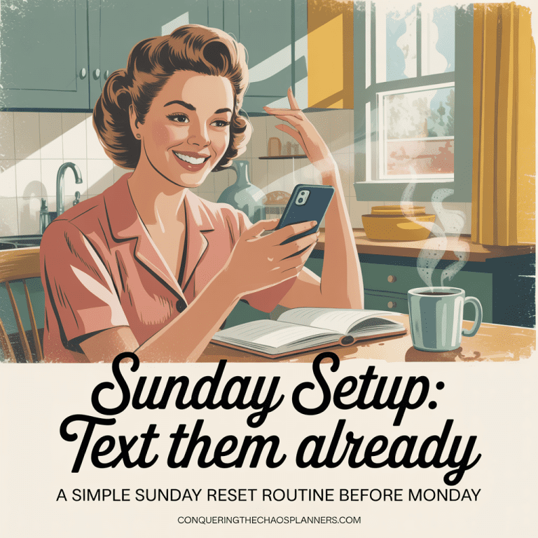 This keeps the “Sunday reset routine” keyword context, while also describing the specific action in the image (texting), which helps both accessibility and search engines understand the image.