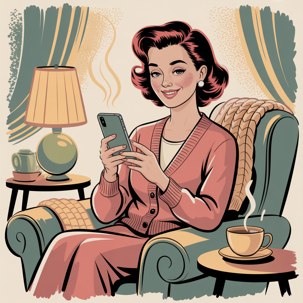 Vintage-style illustration of a woman texting a friend as part of a Sunday self-care moment