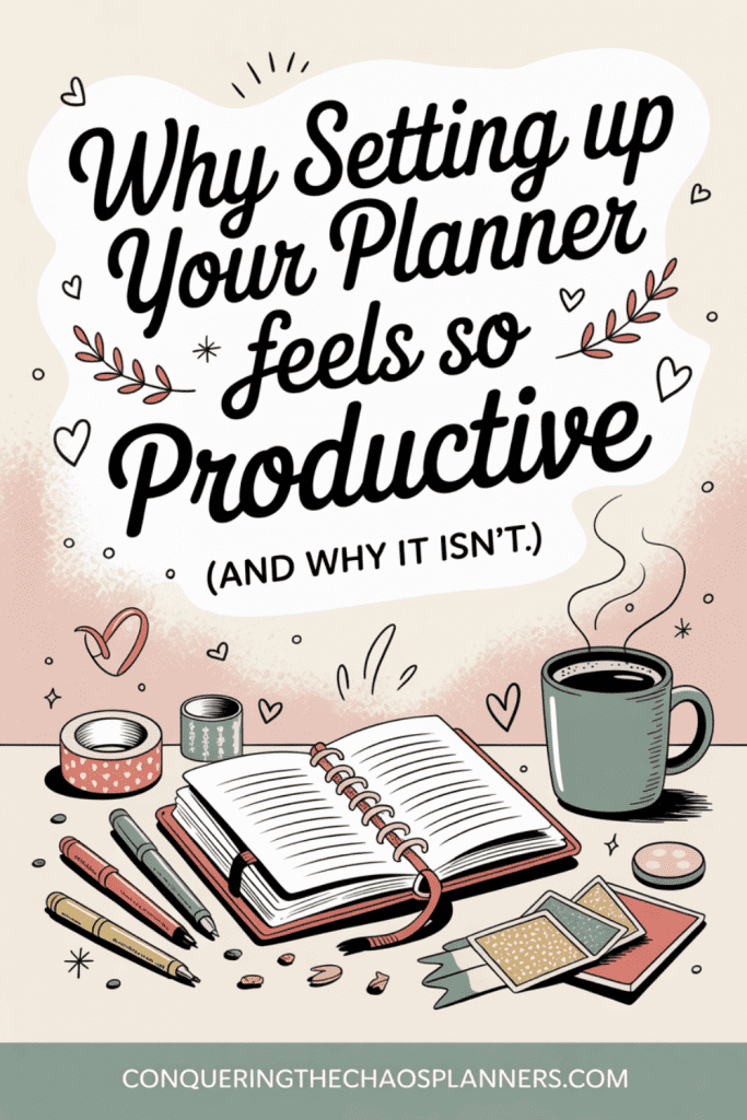 Why Setting Up Your Planner Feels So Productive (And Why It Isn't)" — a new planner spread open on a kitchen counter with pens and washi tape, for women buying planners and never using them.