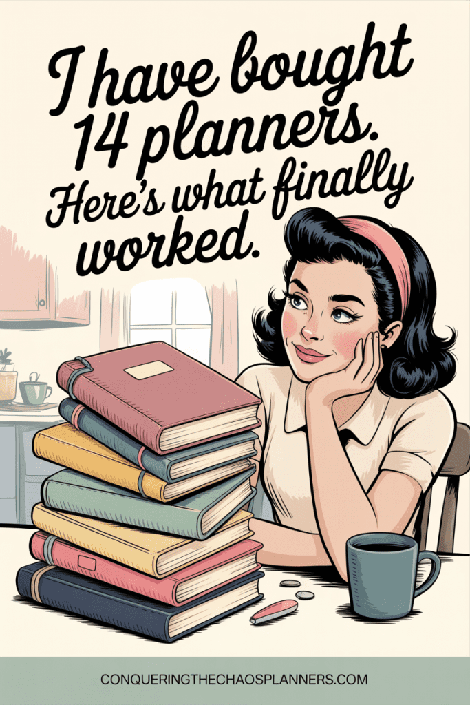 A woman at a kitchen table looking at a tall stack of unused planners in muted vintage colors — the search for the best planner that actually works.