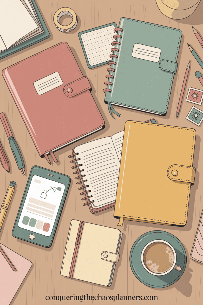 A flat-lay of five abandoned planners spread out on a kitchen table — apps, bullet journals, hardcover planners — none of them stuck.