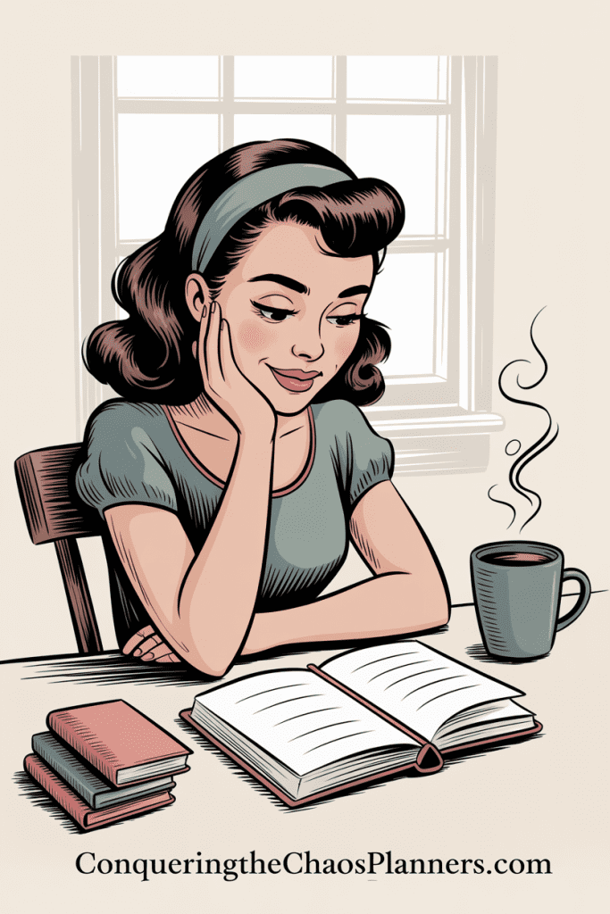 A woman at her desk having a quiet realization while looking at a simple paper planner — the moment she saw the pattern.