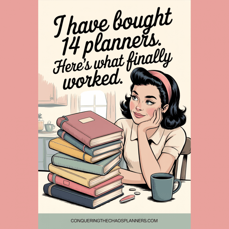 A stack of unused planners on a kitchen table, illustrating one woman's long search for the best planner that actually works.