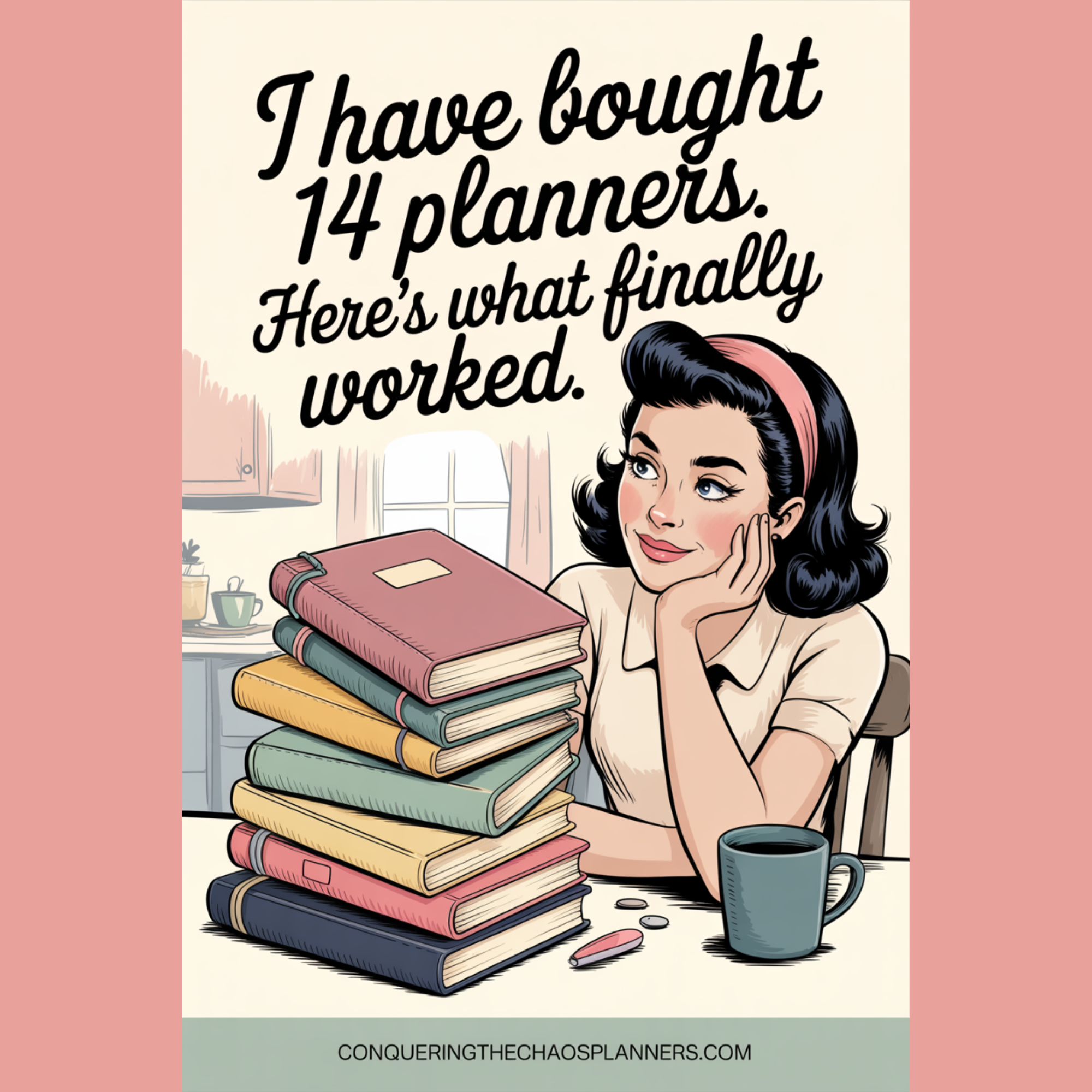 A stack of unused planners on a kitchen table, illustrating one woman's long search for the best planner that actually works.