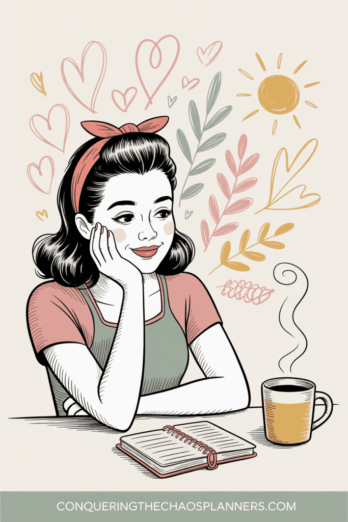 Woman sitting at a kitchen table with a beautifully labeled planner closed in front of her — the feeling of setting up a new planner isn't productivity.