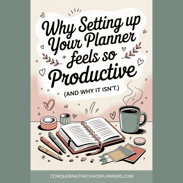 open planner on the table with pens and sticky notes with a cup of coffee and the title of "why setting up your planner feels so productive''