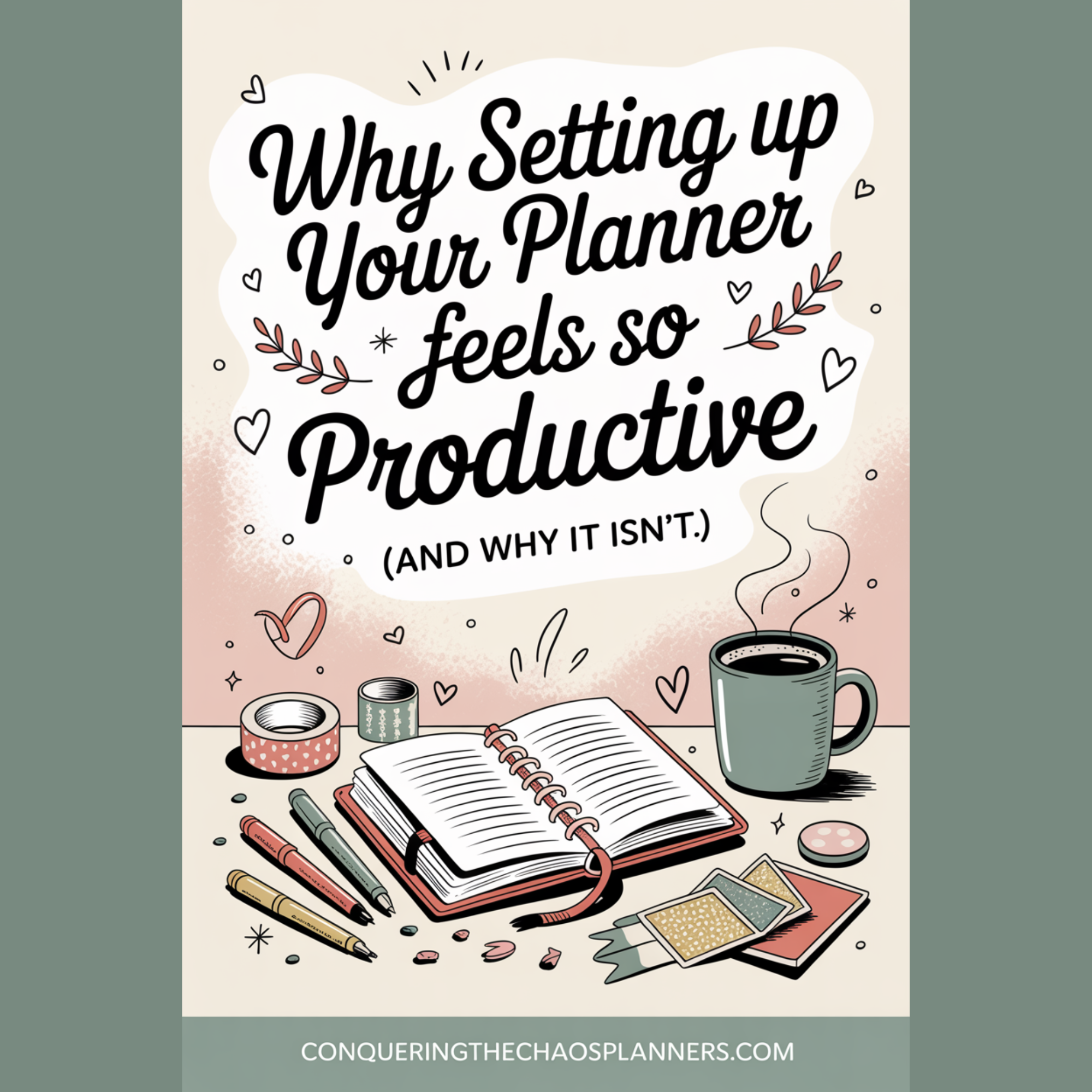 open planner on the table with pens and sticky notes with a cup of coffee and the title of "why setting up your planner feels so productive''