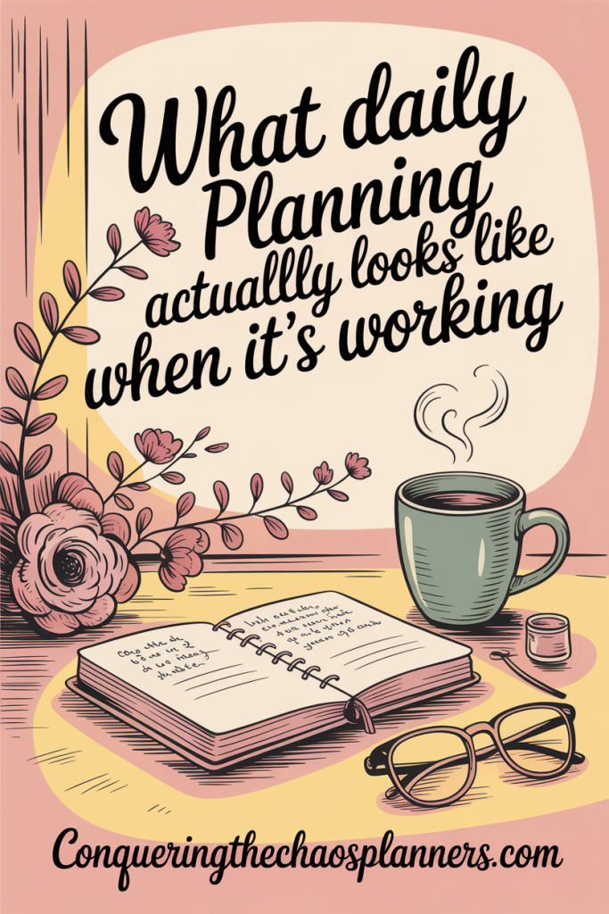Vintage illustration of a daily planning habit in real life: an open planner and coffee mug on an ordinary kitchen counter in soft morning light, in dusty rose and sage green.
