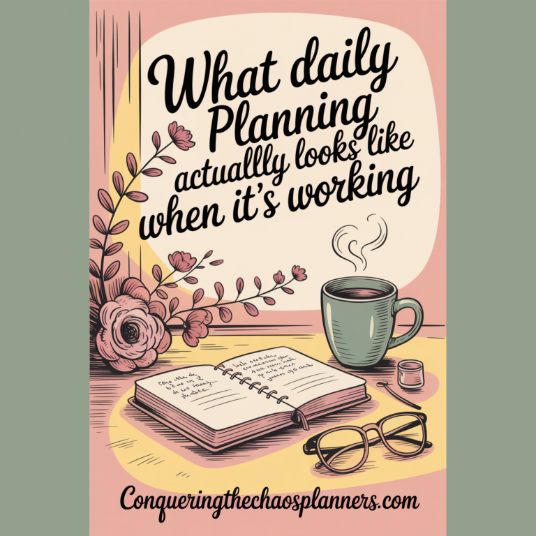 A real daily planning habit — a simple open planner beside a coffee mug on a lived-in kitchen counter — illustrated in warm vintage dusty rose and sage tones.