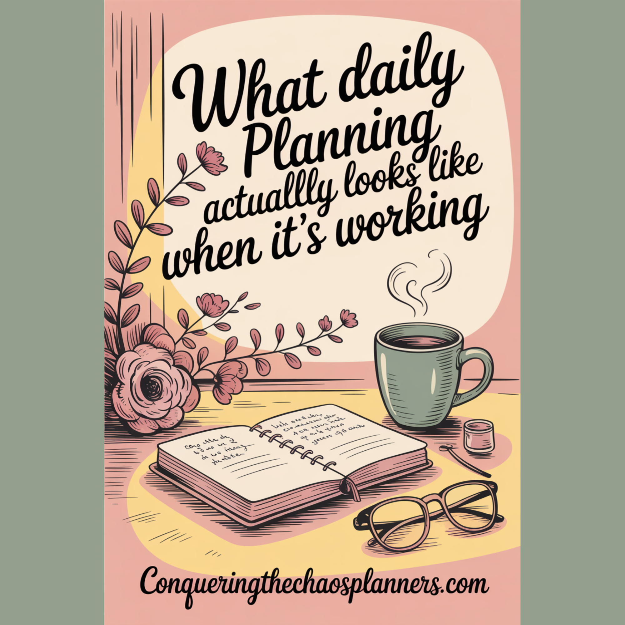 A real daily planning habit — a simple open planner beside a coffee mug on a lived-in kitchen counter — illustrated in warm vintage dusty rose and sage tones.