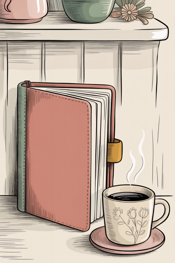 Vintage illustration of a closed planner and coffee mug on a kitchen shelf, suggesting a small, finished daily planning routine, in dusty rose and sage green.